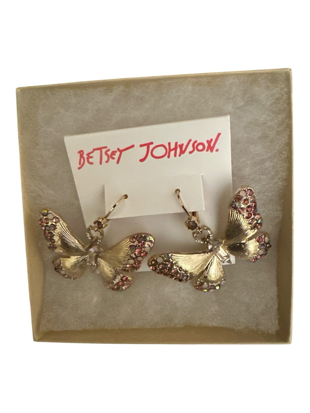 Betsey Johnson Gold Tone Butterfly Drop Earrings Purple Tonal Crystal Leverback - Picture 3 of 9